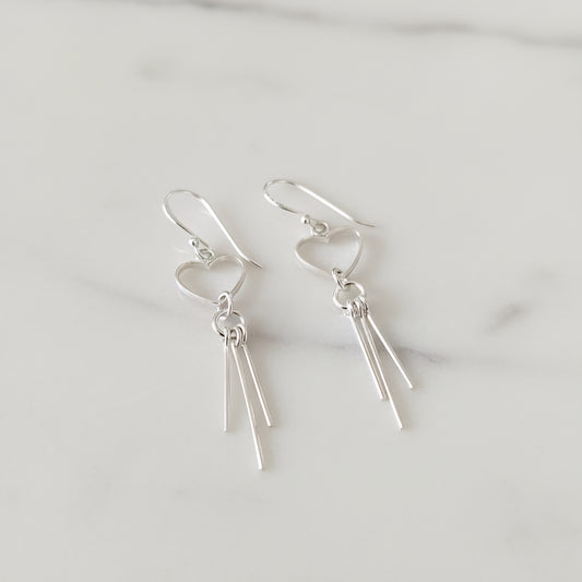 Handmade Sterling Silver Heart Dangle Earrings | Romantic Minimalist Drop Earrings | Lightweight Silver Jewelry Gift for Her