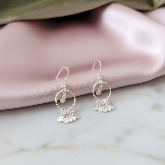 Handmade Sterling Silver Circle Drop Earrings with Mini Disc Charms | Dangle Earrings | Minimalist Silver Jewelry for Women