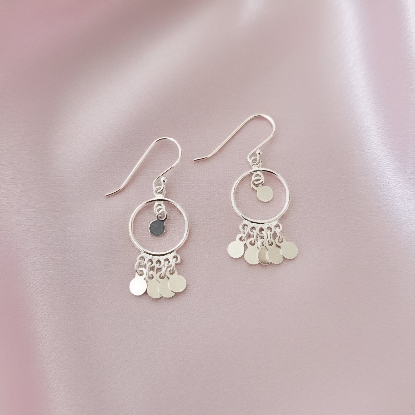 Handmade Sterling Silver Circle Drop Earrings with Mini Disc Charms | Dangle Earrings | Minimalist Silver Jewelry for Women