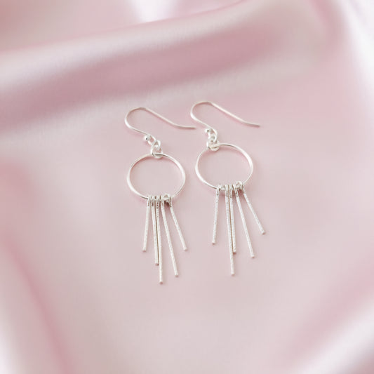 Textured Sterling Silver Circle Fringe Earrings | Handmade Boho Dangle Earrings | Lightweight Modern Jewelry for Women