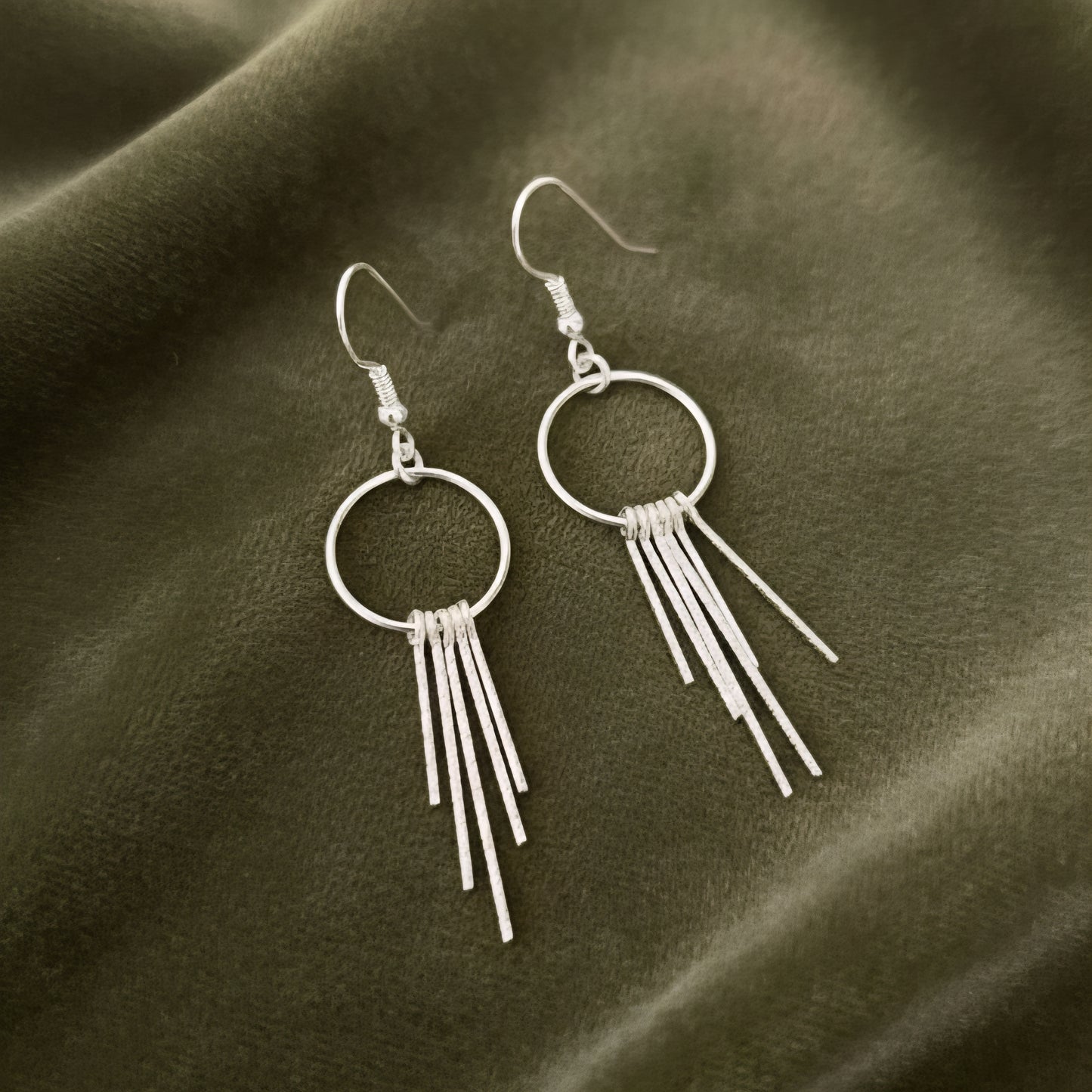 Textured Sterling Silver Circle Fringe Earrings | Handmade Boho Dangle Earrings | Lightweight Modern Jewelry for Women