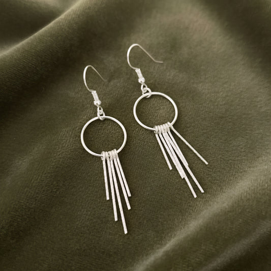 Textured Sterling Silver Circle Fringe Earrings | Handmade Boho Dangle Earrings | Lightweight Modern Jewelry for Women