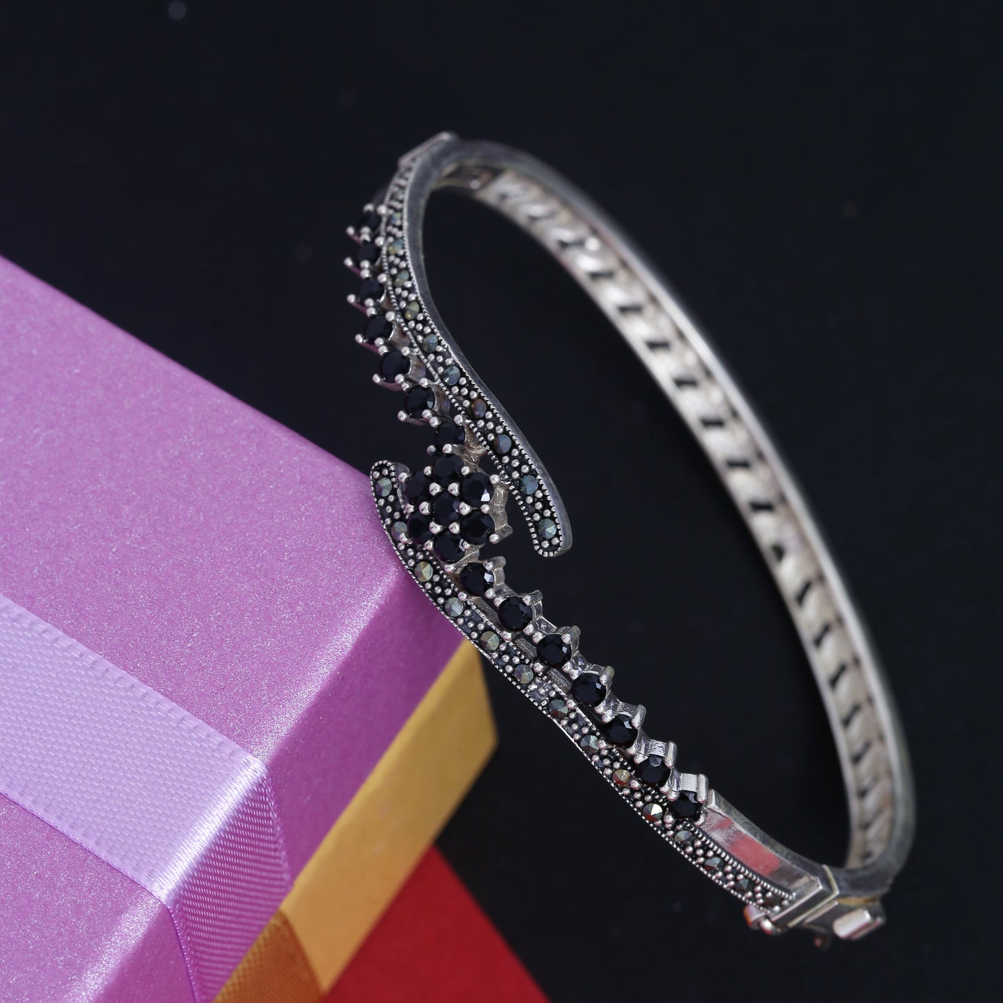925 Silver Marcasite Black Stone Kada Bracelet For Women (Free Size)