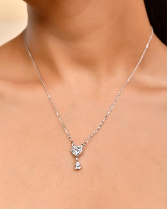 925 Sterling Silver CZ Heart with Dangling Pear Pendant Chain Necklace for Women and Girls