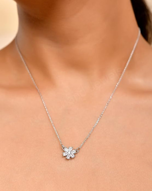 925 Sterling Silver Six Petal Flower Pendant Chain Necklace for Women and Girls