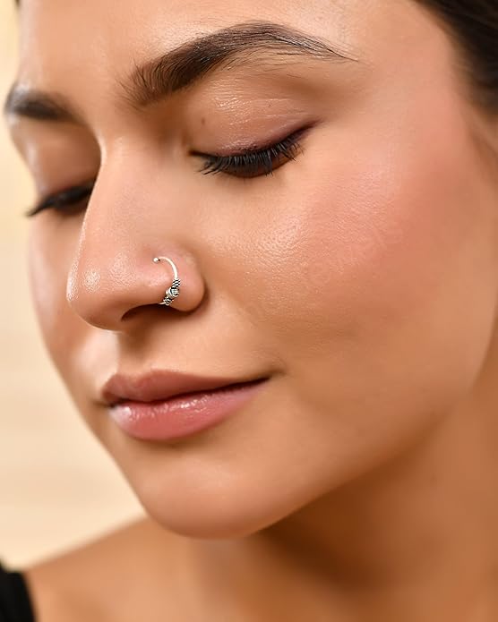 Pure 925 Sterling Silver Tribal Twist Clip On Septum Nose Ring/Nose Pin Simple Tiny Hoop for Women & Girls (No Piercing Required)