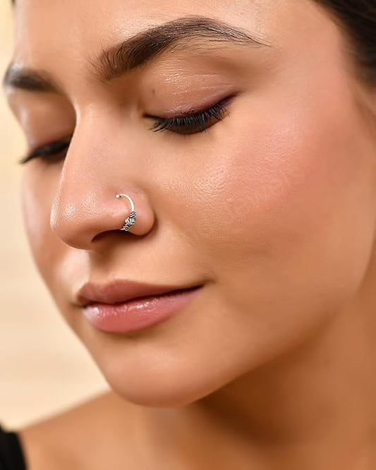 Pure 925 Sterling Silver Tribal Twist Clip On Septum Nose Ring/Nose Pin Simple Tiny Hoop for Women & Girls (No Piercing Required)