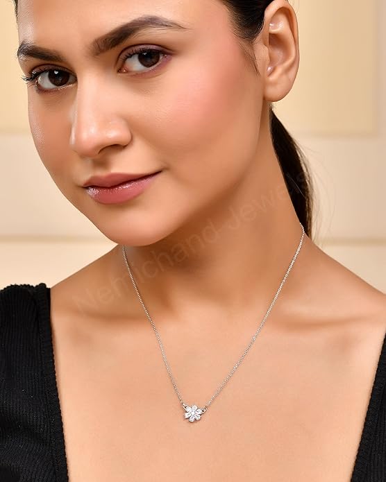 925 Sterling Silver Six Petal Flower Pendant Chain Necklace for Women and Girls