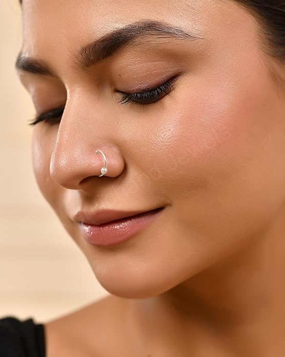 Pure 925 Sterling Silver Clip-On Nose Ring with Textured Bead Septum Nose Ring/Nose Pin Simple Tiny Hoop for Women & Girls (No Piercing Required)