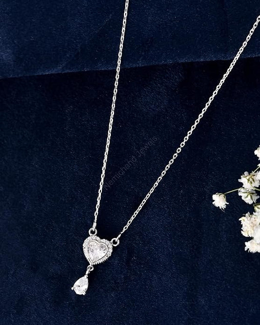 925 Sterling Silver CZ Heart with Dangling Pear Pendant Chain Necklace for Women and Girls