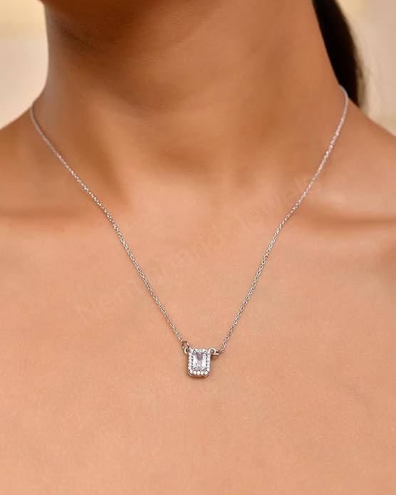 925 Sterling Silver Framed Sparkle Pendant Chain Necklace for Women and Girls
