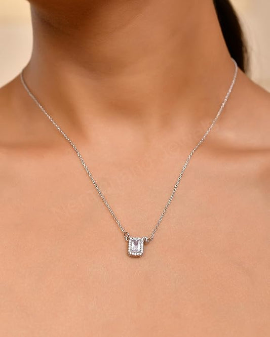 925 Sterling Silver Framed Sparkle Pendant Chain Necklace for Women and Girls