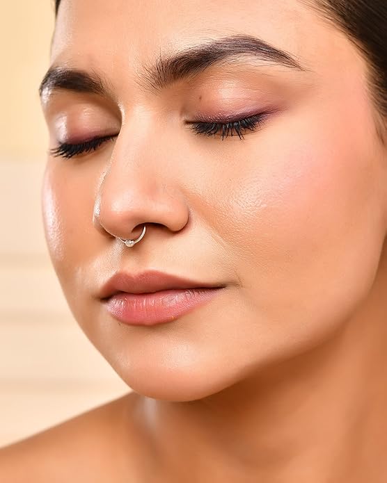 Pure 925 Sterling Silver Clip-On Nose Ring with Textured Bead Septum Nose Ring/Nose Pin Simple Tiny Hoop for Women & Girls (No Piercing Required)