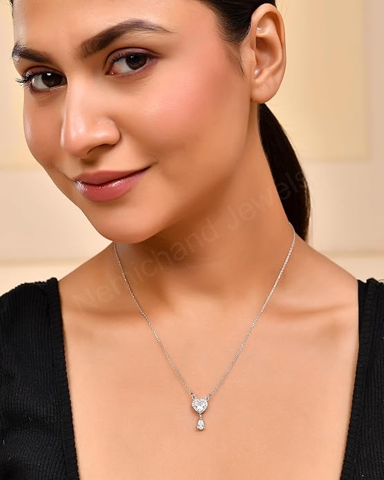 925 Sterling Silver CZ Heart with Dangling Pear Pendant Chain Necklace for Women and Girls