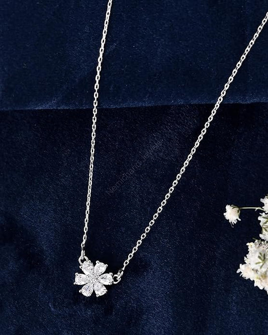 925 Sterling Silver Six Petal Flower Pendant Chain Necklace for Women and Girls