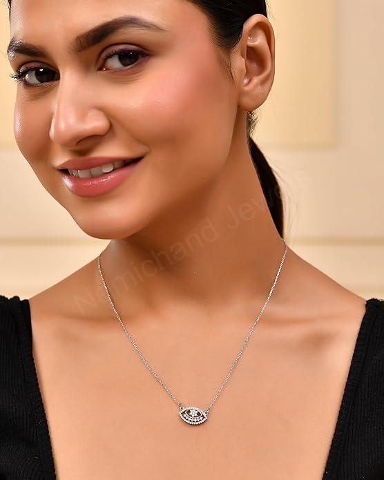925 Sterling Silver Sparkling Evil Eye Pendant Chain Necklace for Women and Girls