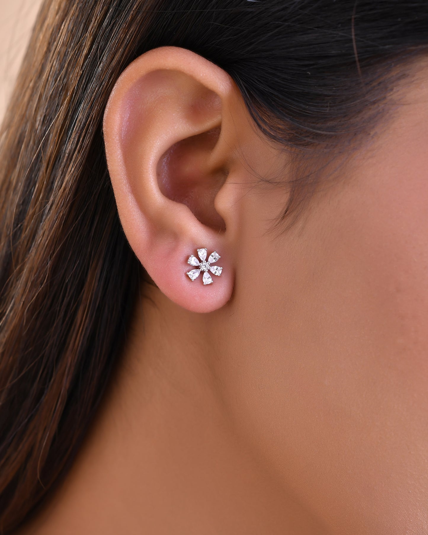 Sterling Silver 925 CZ Stone Flower Earring Studs