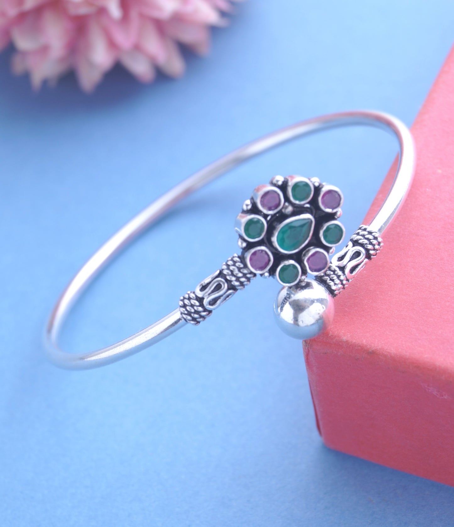 Oxidized Silver Adjustable Kada with Red & Green Stones - Bohemian Elegance with Vibrant Accents"
