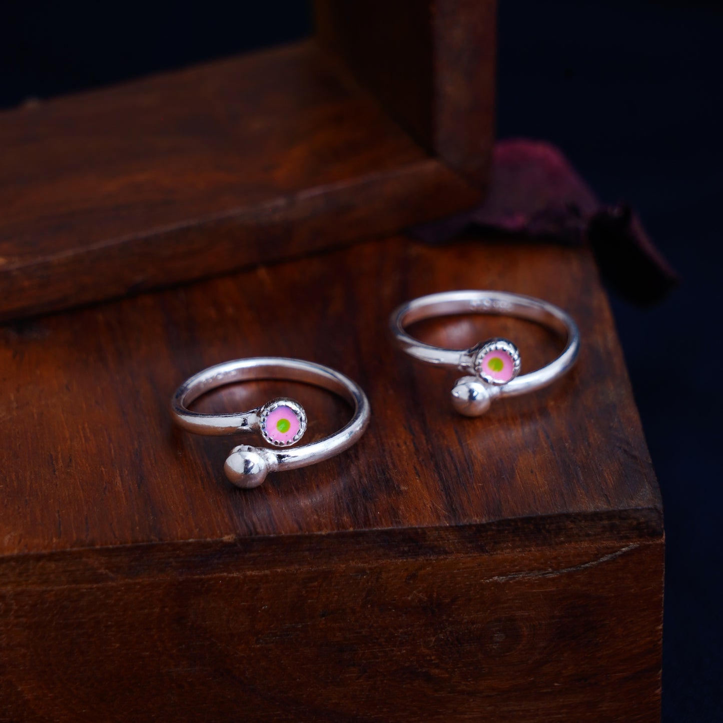 925 Sterling Silver Pink Enamel Toe Rings For Women (Free Size)