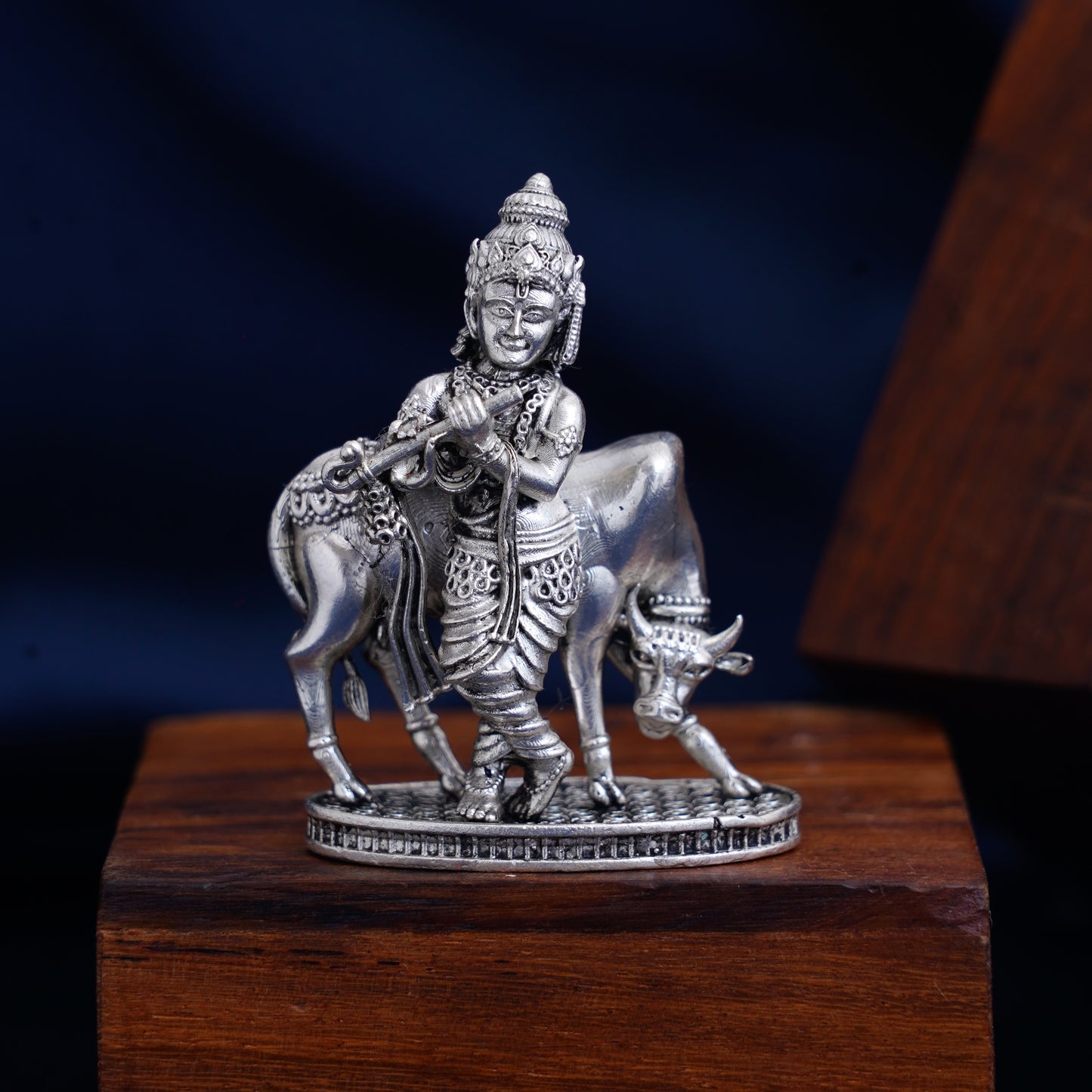 Oxidized Krishna With Cow Murti in 925 Sterling Silver for Home Temples