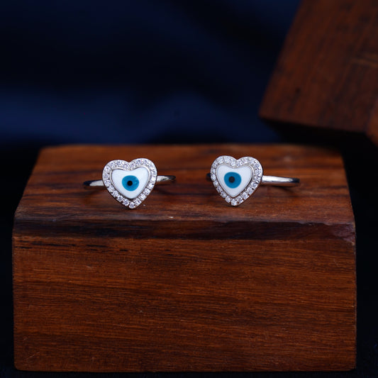 925 Sterling Silver CZ Evil Eye Heart Toe Rings For Women (Free Size)