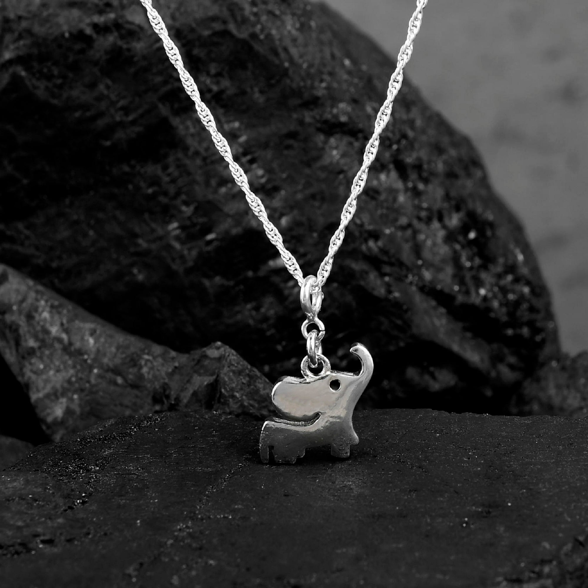 925 Sterling Silver Elephant holding rose Pendant Necklace, Good Luck