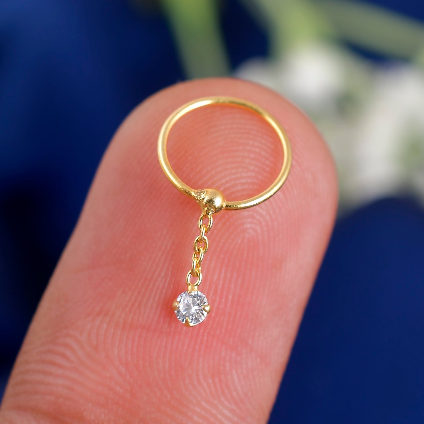 Sterling Silver 925 Gold Plated CZ Round Charm Nose Ring - 10mm