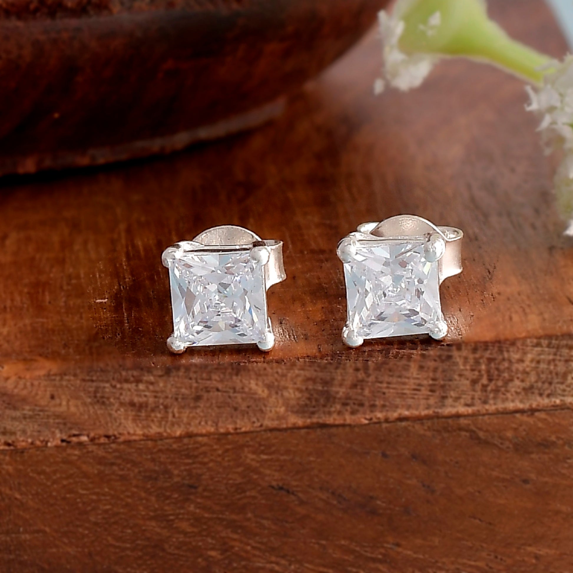 925 Sterling Silver CZ White Solitaire Square Earring Stud For Women Men