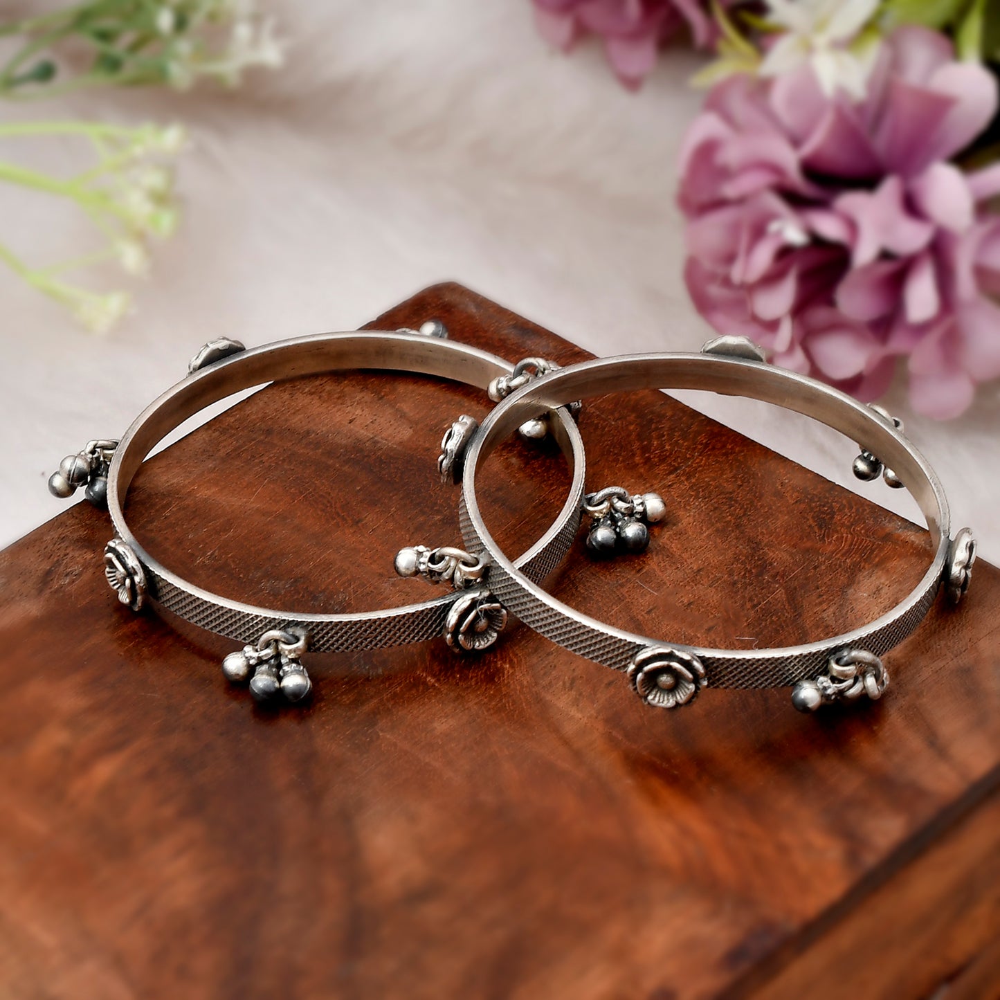 Vintage Look Flower Silver Bangles - 925 Sterling Silver Bangles - Oxidized Ethnic Bangles - Indian Jewelry - Size 2.4 Inch (Inner Diameter)