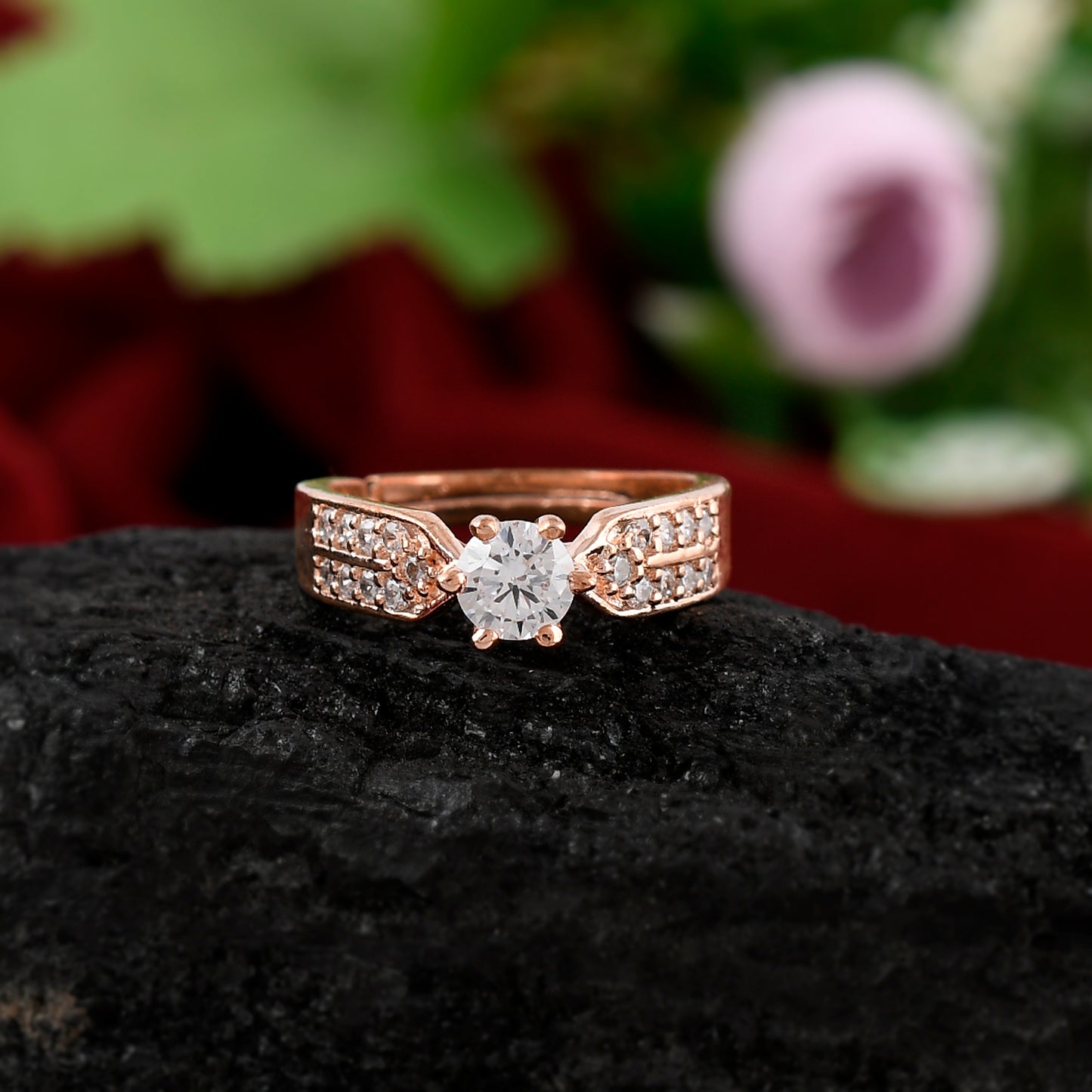 Sterling Silver 925 CZ Solitaire Ring For Women (Rose Gold Plated)