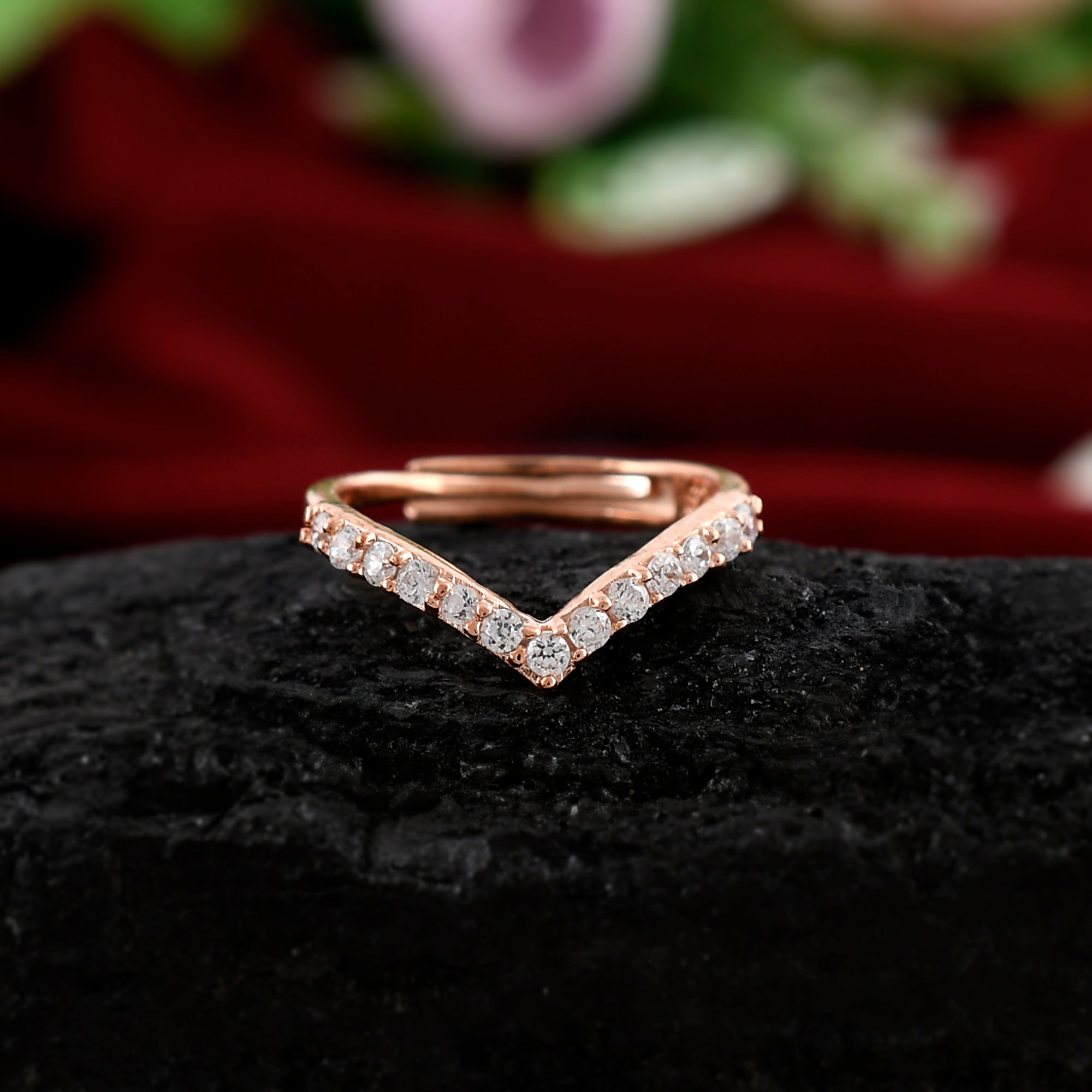 Silver Ring For Women's | Green Stone Flower Rose-gold Coloured Ring |