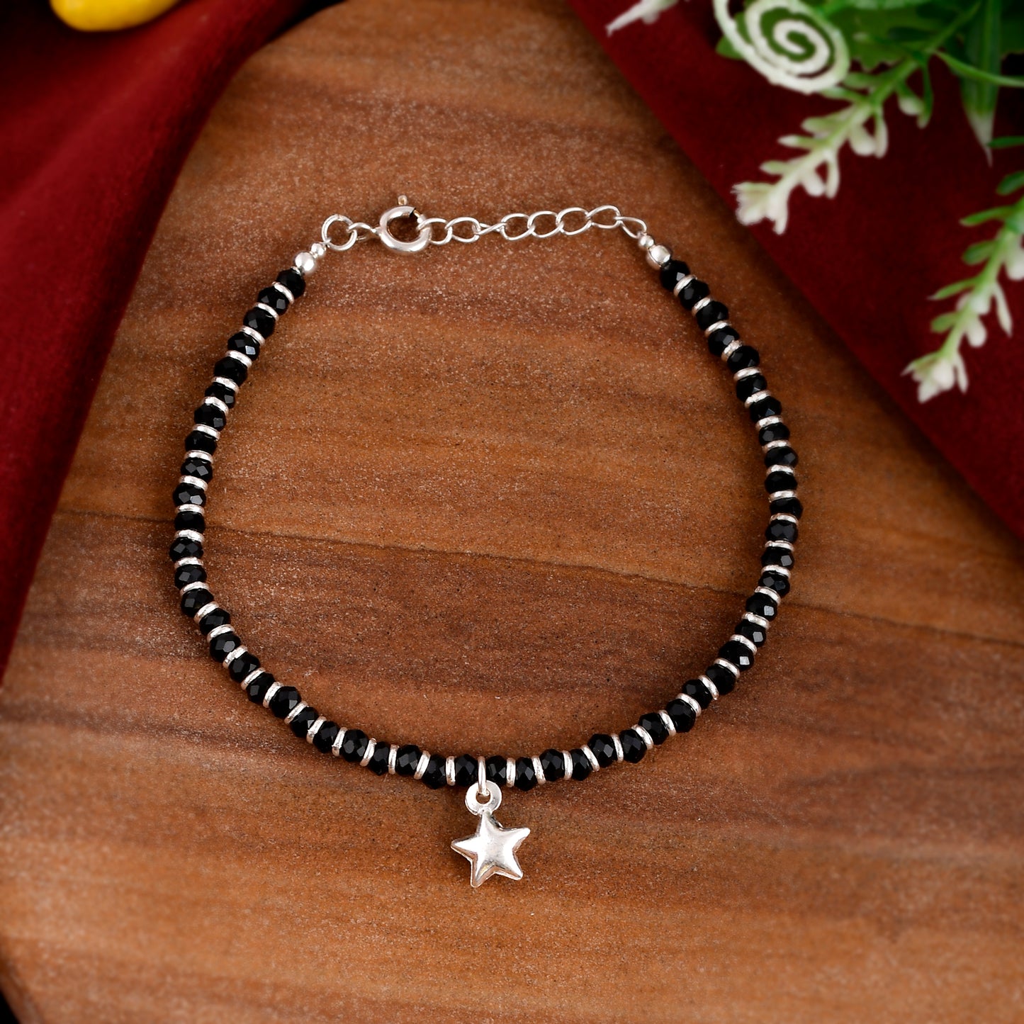 Sterling Silver 925 Black Beads Star Charm Bracelet For Women (7inch + Extension)