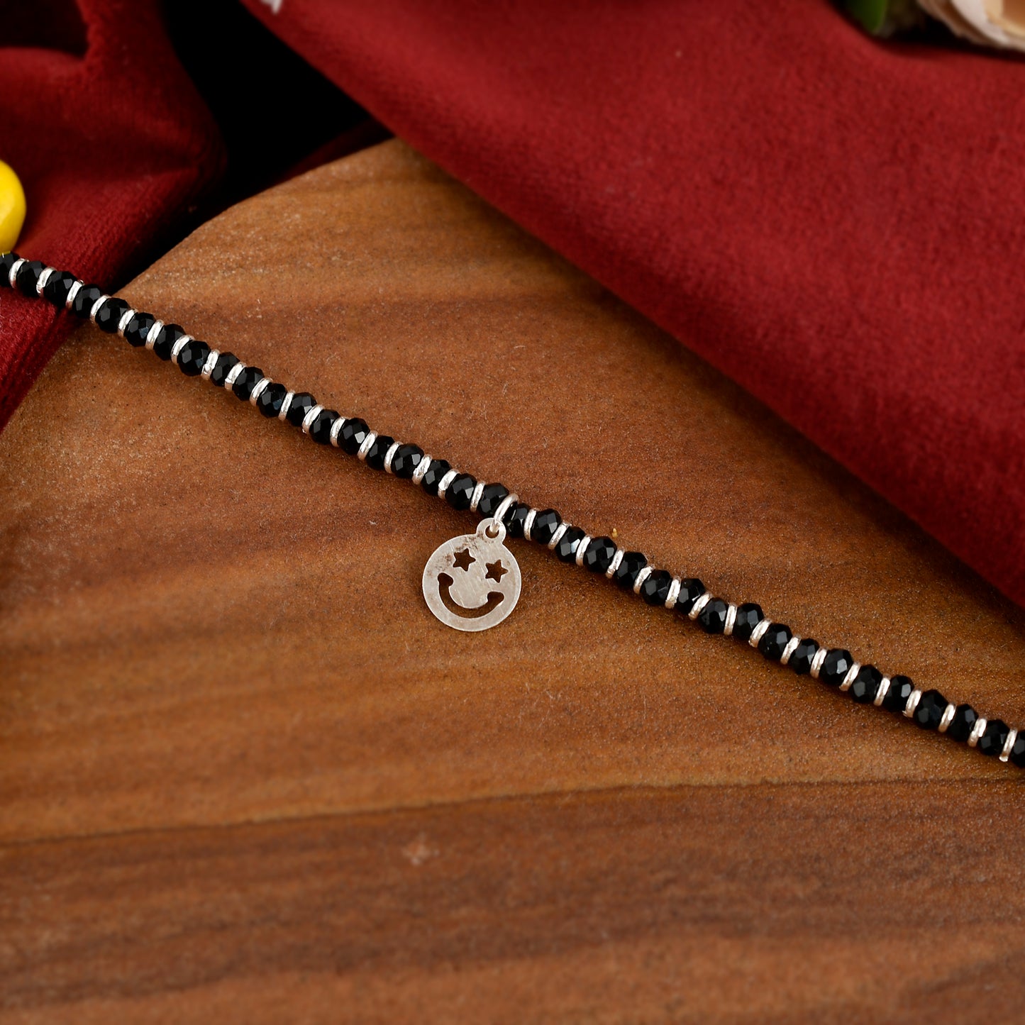 Sterling Silver 925 Black Beads Emoji Charm Bracelet For Women (7inch + Extension)