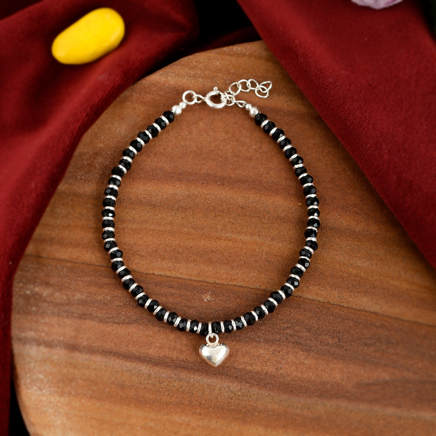 Sterling Silver 925 Black Beads Heart Charm Bracelet For Women (7inch + Extension)