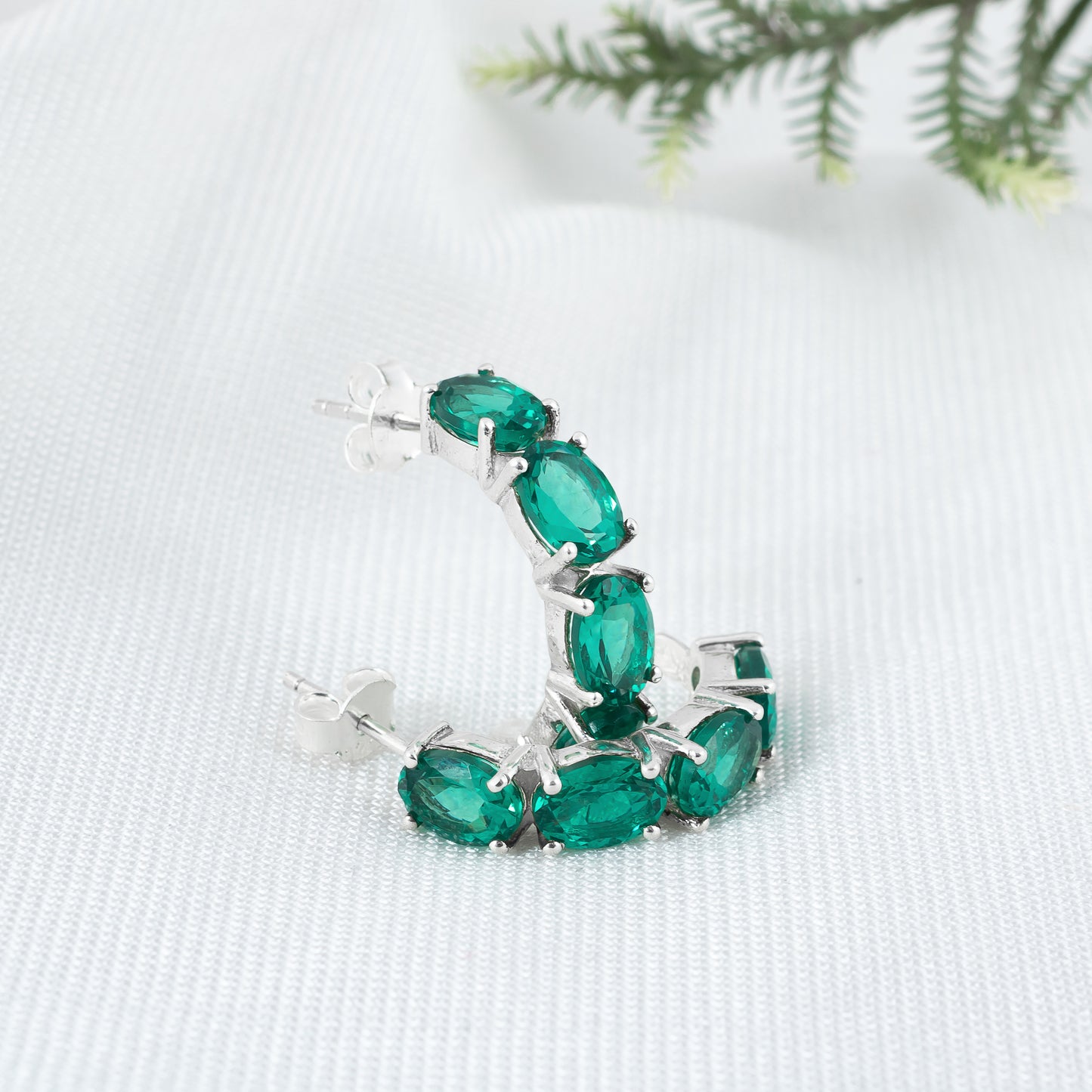 925 Sterling Silver Hoop Earring with Emerald Gemstone | Elegant Semi Circle Stud Earring