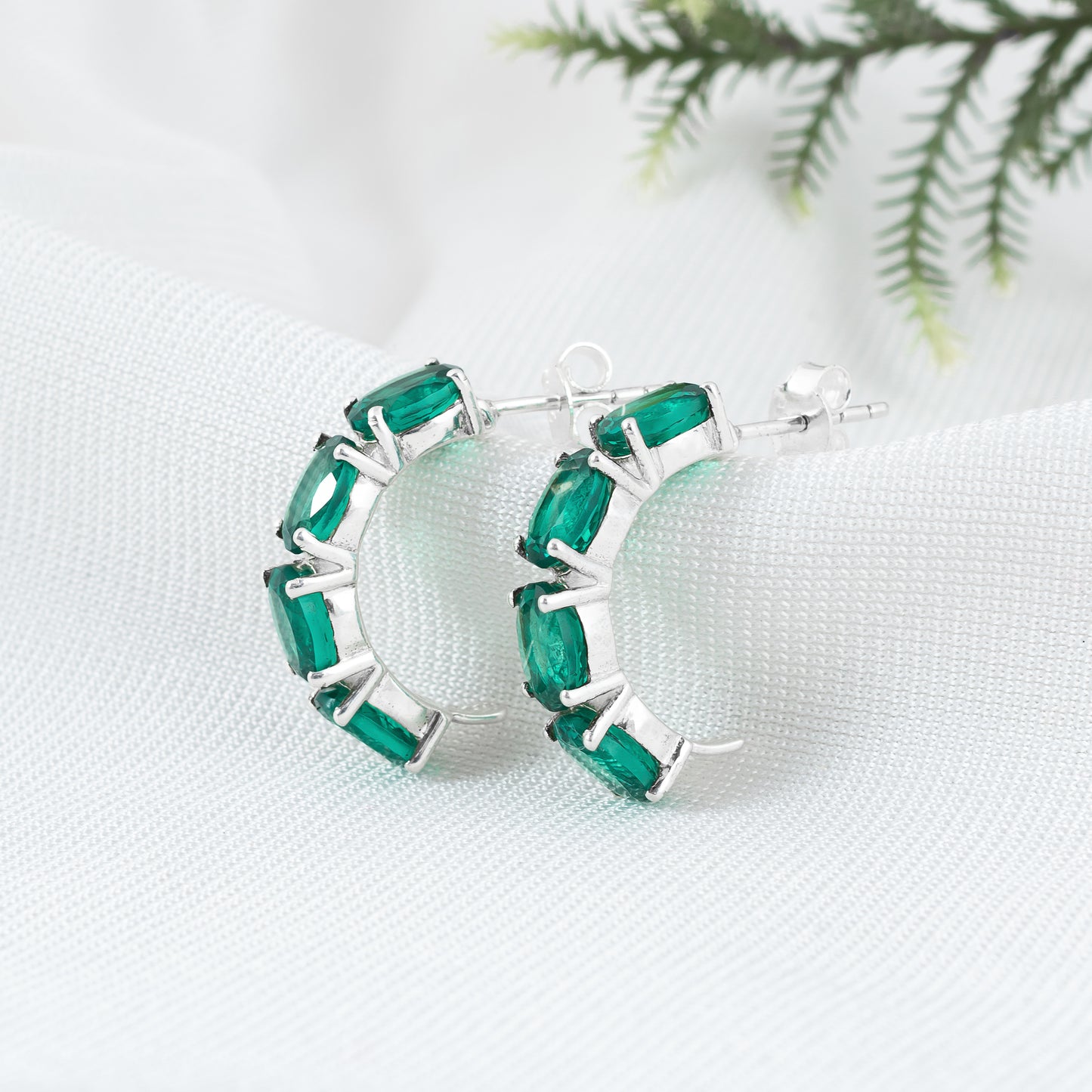 925 Sterling Silver Hoop Earring with Emerald Gemstone | Elegant Semi Circle Stud Earring