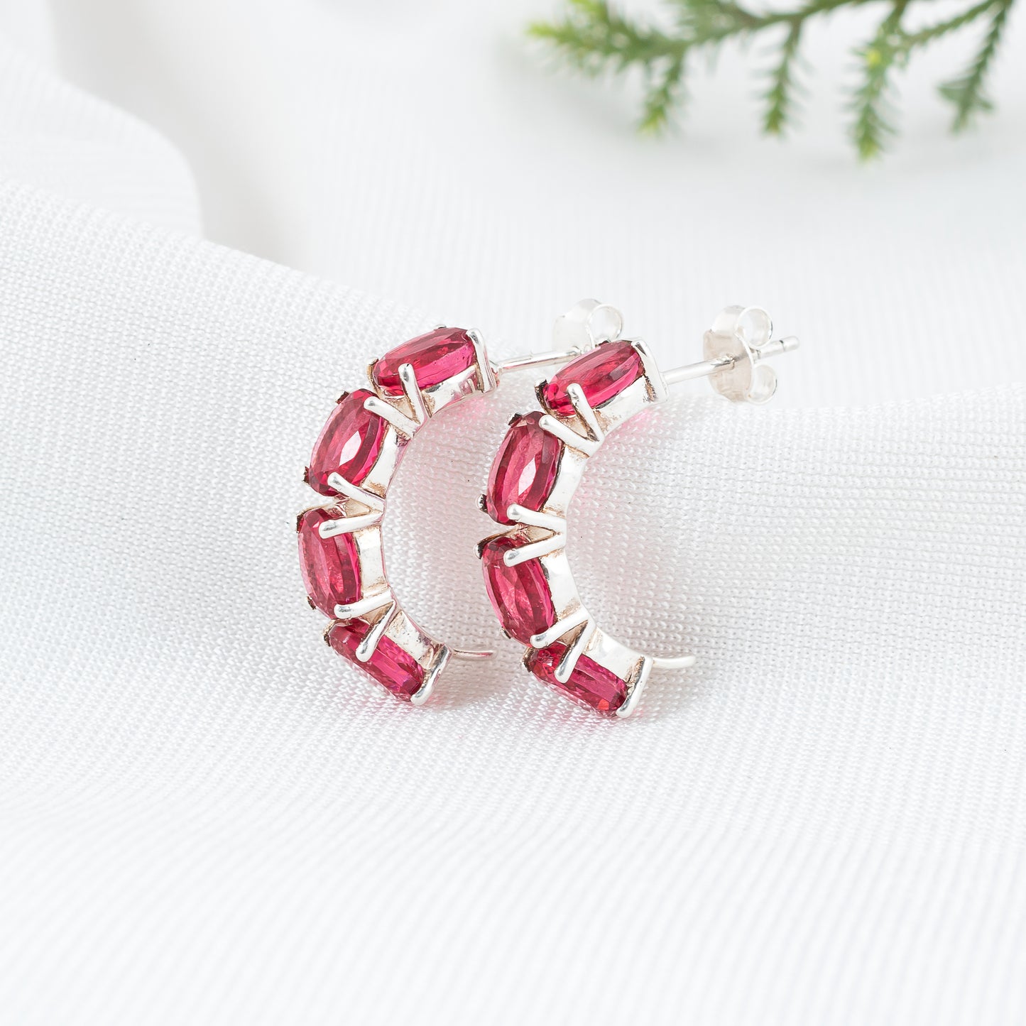 925 Sterling Silver Earring with Pink Tourmaline Gemstone | Elegant Semi Circle Hoop Stud Earring