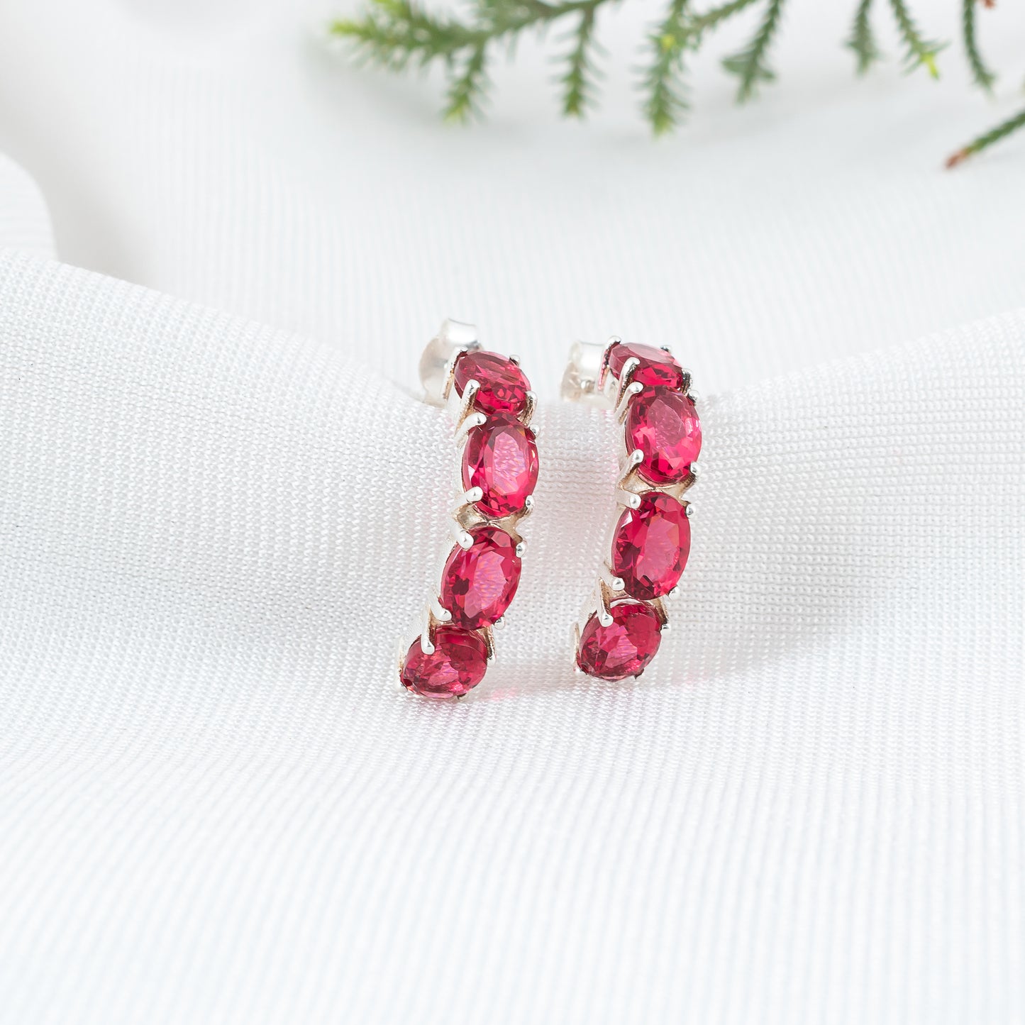925 Sterling Silver Earring with Pink Tourmaline Gemstone | Elegant Semi Circle Hoop Stud Earring