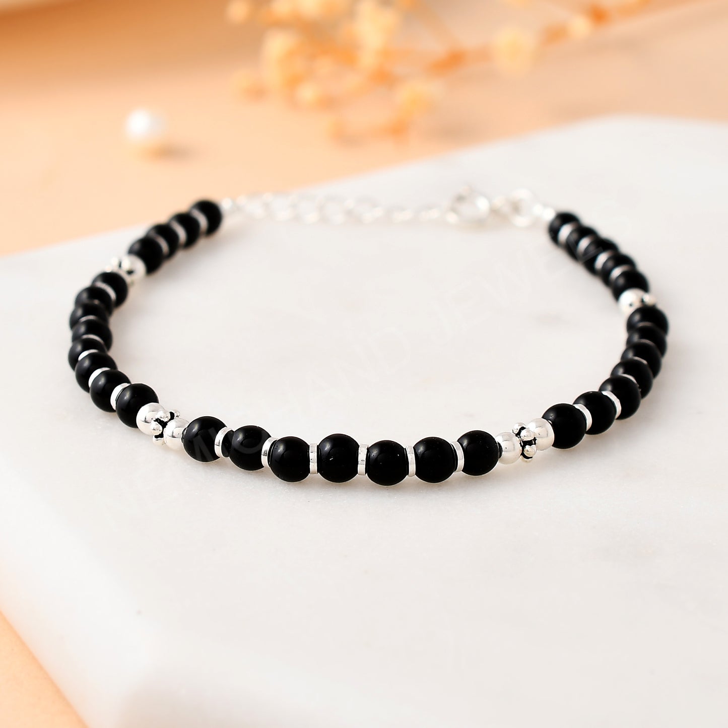 925 Sterling Silver Black Beads Adjustable Bracelet for Women