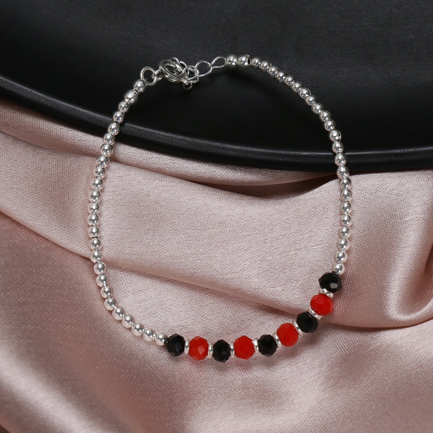 Sterling Silver 925 Red Beads Nazariya Bracelet For Women (7inch + Extension)