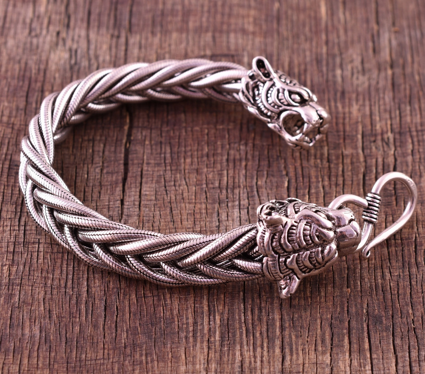 Solid 925 Sterling Silver Tiger Bracelet - Stylish Sterling Silver Oxidized Mens Bracelet - Length 9.5 Inches - Braided Thick Chain Bracelet
