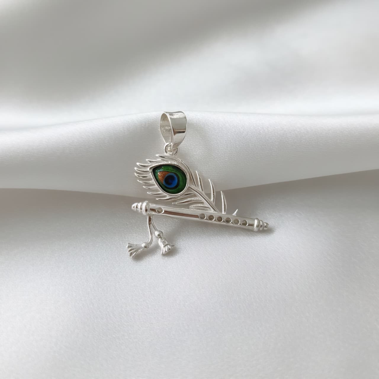 Sterling Silver Krishna Flute Pendant with Peacock Feather