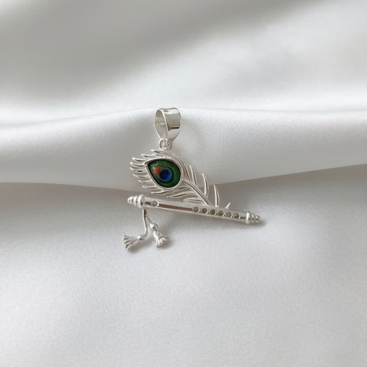 Sterling Silver Krishna Flute Pendant with Peacock Feather
