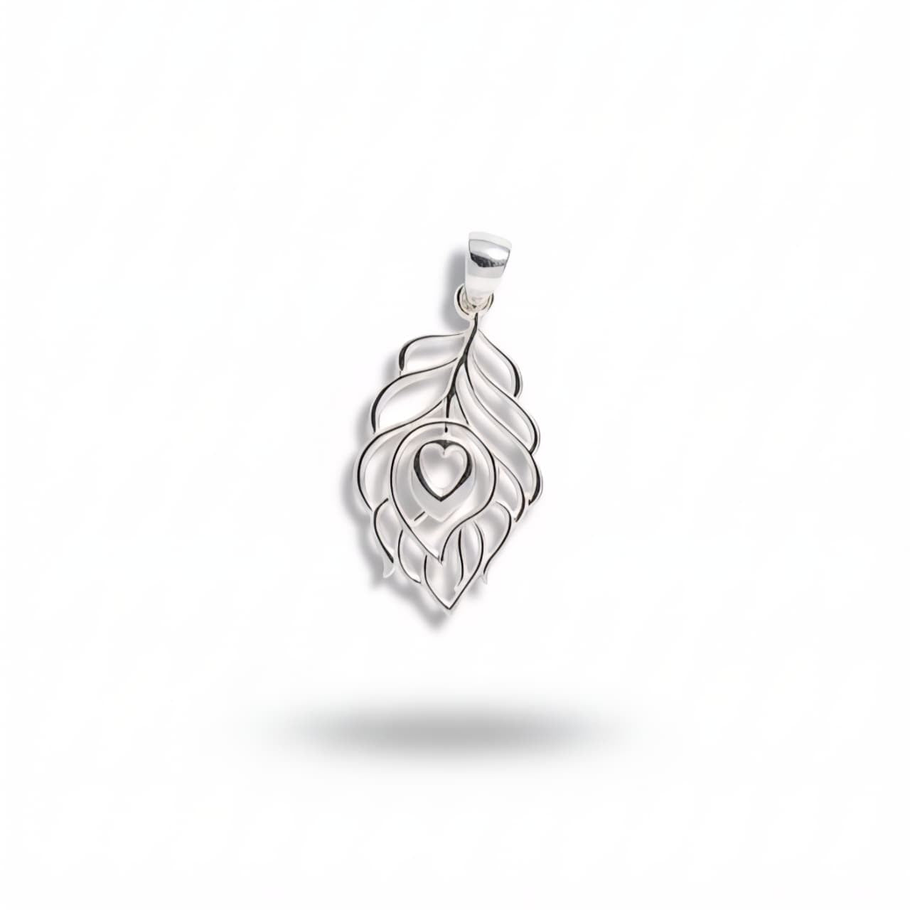 925 Sterling Silver Peacock Feather Pendant with Heart Design for Men & Women
