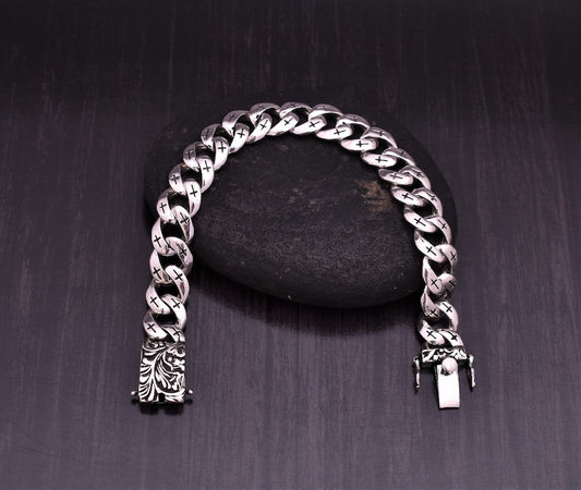 Solid 925 Sterling Silver Curb Chain Bracelet - Silver Oxidize Link Chain Bracelet - Length 8.25 Inches - Handmade Bracelet