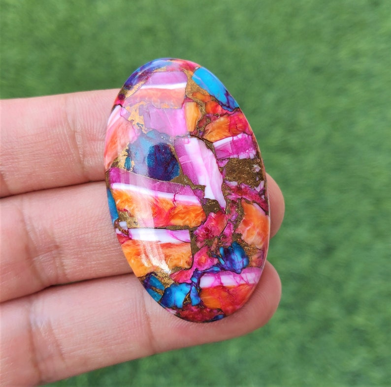 Pink Spiny Oyster Copper Turquoise Cabochon - 28x47mm Oval Mohave Pink Spiny Oyster Gemstone