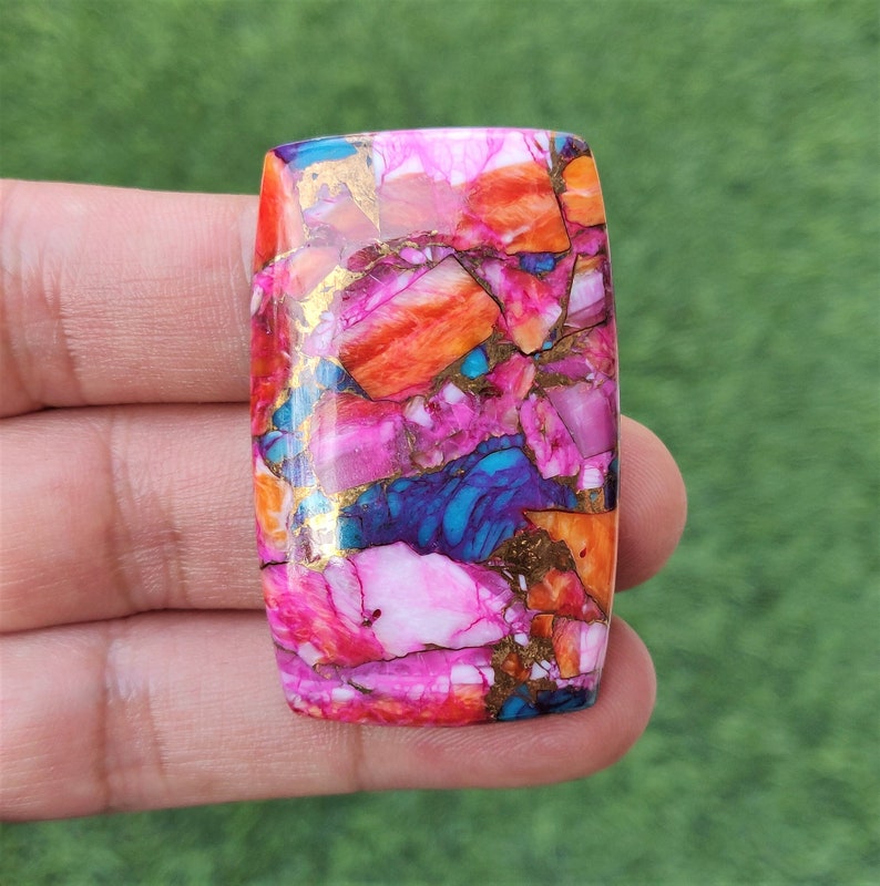 Pink Spiny Oyster Copper Turquoise Cabochon - 29x47mm Rectangle Mohave Pink Spiny Oyster Gemstone