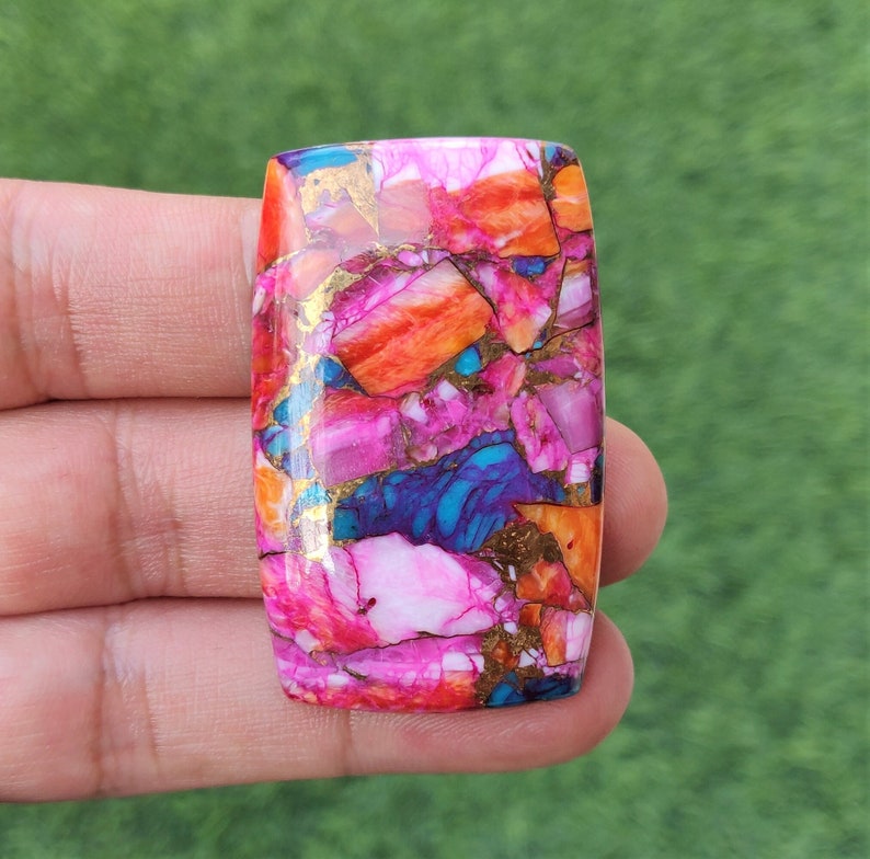Pink Spiny Oyster Copper Turquoise Cabochon - 29x47mm Rectangle Mohave Pink Spiny Oyster Gemstone