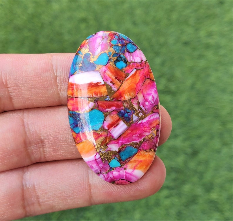 Pink Spiny Oyster Copper Turquoise Cabochon - 28x49mm Oval Mohave Pink Spiny Oyster Gemstone
