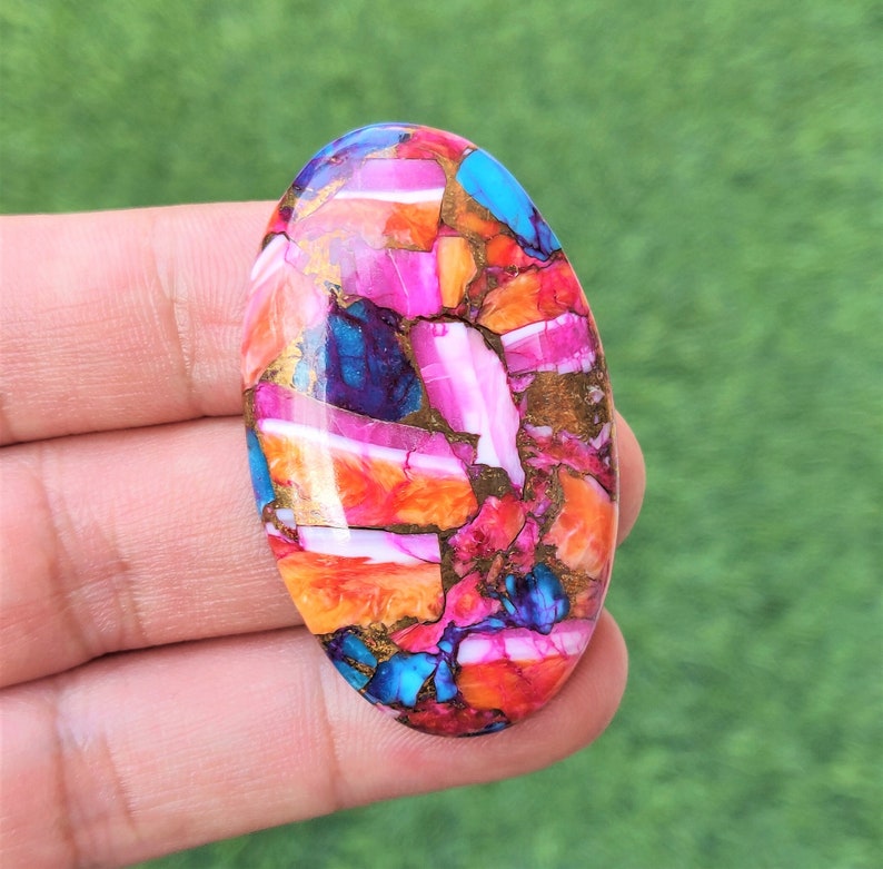 Pink Spiny Oyster Copper Turquoise Cabochon - 28x47mm Oval Mohave Pink Spiny Oyster Gemstone